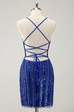 Sparkly Royal Blue Tight Sequined Spaghetti Straps Cocktail Dress