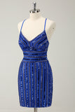 Sparkly Royal Blue Tight Sequined Spaghetti Straps Cocktail Dress