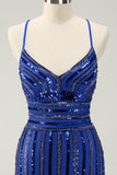 Sparkly Royal Blue Tight Sequined Spaghetti Straps Cocktail Dress