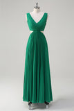 Green A-Line V Neck Ruched Chiffon Knee Length Bridesmaid Dress