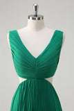 Green A-Line V Neck Ruched Chiffon Knee Length Bridesmaid Dress