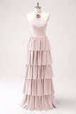 Fuchsia Halter Tiered Chiffon Long Bridesmaid Dress with Flower