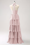 Fuchsia Halter Tiered Chiffon Long Bridesmaid Dress with Flower