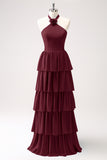 Fuchsia Halter Tiered Chiffon Long Bridesmaid Dress with Flower