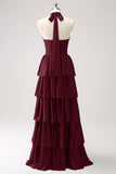 Fuchsia Halter Tiered Chiffon Long Bridesmaid Dress with Flower