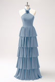 Dusty Blue Halter Tiered Chiffon Long Bridesmaid Dress with Flower