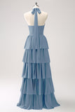 Dusty Blue Halter Tiered Chiffon Long Bridesmaid Dress with Flower