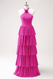 Fuchsia Halter Tiered Chiffon Long Bridesmaid Dress with Flower