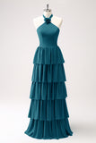 Dusty Blue Halter Tiered Chiffon Long Bridesmaid Dress with Flower