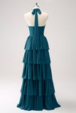 Dusty Blue Halter Tiered Chiffon Long Bridesmaid Dress with Flower