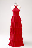 Halter Red Tiered Chiffon Long Bridesmaid Dress with Flower