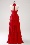 Halter Red Tiered Chiffon Long Bridesmaid Dress with Flower