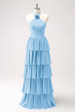 Dusty Blue Halter Tiered Chiffon Long Bridesmaid Dress with Flower