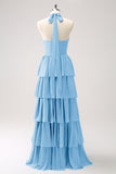 Dusty Blue Halter Tiered Chiffon Long Bridesmaid Dress with Flower