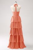 Halter Red Tiered Chiffon Long Bridesmaid Dress with Flower