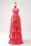 Halter Red Tiered Chiffon Long Bridesmaid Dress with Flower