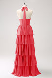 Halter Red Tiered Chiffon Long Bridesmaid Dress with Flower