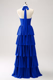 Blue Tiered Chiffon Bridesmaid Dress with Flower