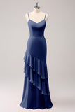 Dusty Blue Mermaid Spaghetti Straps Chiffon Bridesmaid Dress with Ruffles