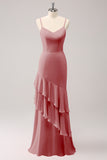 Dusty Rose Spaghetti Straps Mermaid Bridesmaid Dress with Ruffles