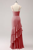 Dusty Rose Spaghetti Straps Mermaid Bridesmaid Dress with Ruffles