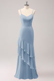 Dusty Blue Mermaid Spaghetti Straps Chiffon Bridesmaid Dress with Ruffles