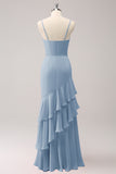 Dusty Blue Mermaid Spaghetti Straps Chiffon Bridesmaid Dress with Ruffles