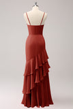 Spaghetti Straps Red Mermaid Bridesmaid Dress with Ruffles