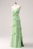 Light Green Spaghetti Straps Hollow Out Long Bridesmaid Dress with Slit