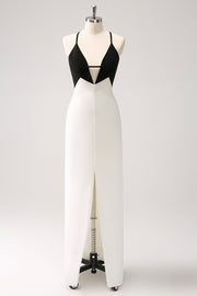 Black White Sheath Spaghetti Straps Long Formal Dress With Front Split