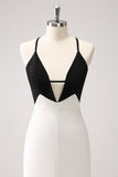 Black White Sheath Spaghetti Straps Long Formal Dress With Front Split