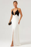 Black White Sheath Spaghetti Straps V Neck Long Prom Dress With Front Split