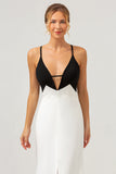 Black White Sheath Spaghetti Straps V Neck Long Prom Dress With Front Split