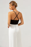 Black White Sheath Spaghetti Straps V Neck Long Prom Dress With Front Split