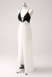 Black White Sheath Spaghetti Straps Long Formal Dress With Front Split