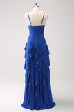 A-Line Dark Blue Spaghetti Straps Bridesmaid Dress with Ruffles