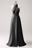 A-Line Dusty Sage Keyhole Satin Bridesmaid Dress with Slit