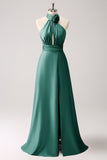 A-Line Dusty Sage Keyhole Satin Bridesmaid Dress with Slit