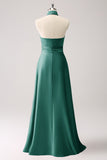 A-Line Dusty Sage Keyhole Satin Bridesmaid Dress with Slit