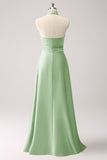 A-Line Dusty Sage Keyhole Satin Bridesmaid Dress with Slit