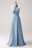 A-Line Dusty Sage Keyhole Satin Bridesmaid Dress with Slit