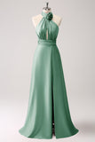 A-Line Dusty Sage Keyhole Satin Bridesmaid Dress with Slit