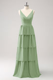 Dusty Sage A-Line V-Neck Tiered Long Bridesmaid Dress