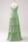 Dusty Sage A-Line V-Neck Tiered Long Bridesmaid Dress