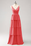 A-Line Rust V-Neck Tiered Long Bridesmaid Dress