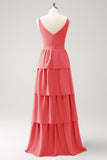 A-Line Rust V-Neck Tiered Long Bridesmaid Dress