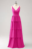 A-Line Lilac V-Neck Tiered Long Bridesmaid Dress