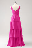 A-Line Lilac V-Neck Tiered Long Bridesmaid Dress