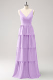 A-Line Lilac V-Neck Tiered Long Bridesmaid Dress