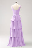 A-Line Lilac V-Neck Tiered Long Bridesmaid Dress